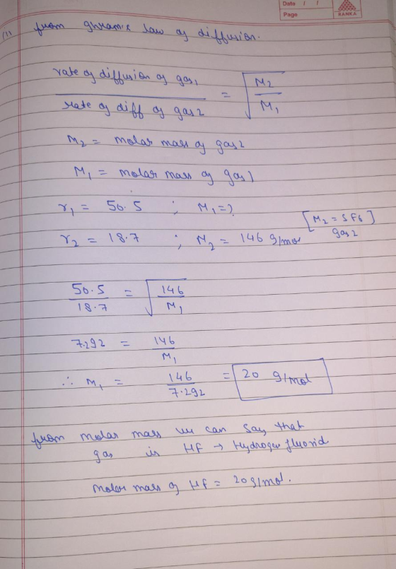 Dato yan Gико к Јою адмі 6 - Page rate of diffusion of gas, M2 Mate of diff of gas2 V M, - ма, ал 4 ц. Mi = molar mass ay ga