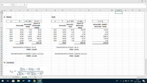 * x NI : xv fx A B C D E F G H I J K L M N O P A 1 2 3 a) Market Stock b c = b - 14.5 e f g=f-8.17 i=ctg Return(M)- Return(M)