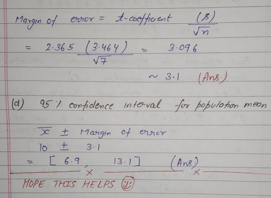 Margin of of error = t-coefficient (8) un 2-365 (3.464) 3.096 V7 ~ 3.1 (Ans) (d) 95% confidence interval for population mean
