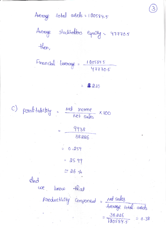 Average total avels = 100584.5 stock hellers equity - 47770.5 Average then, Financial leverage = 100584.5 47770.5 = 2.2.10 C)