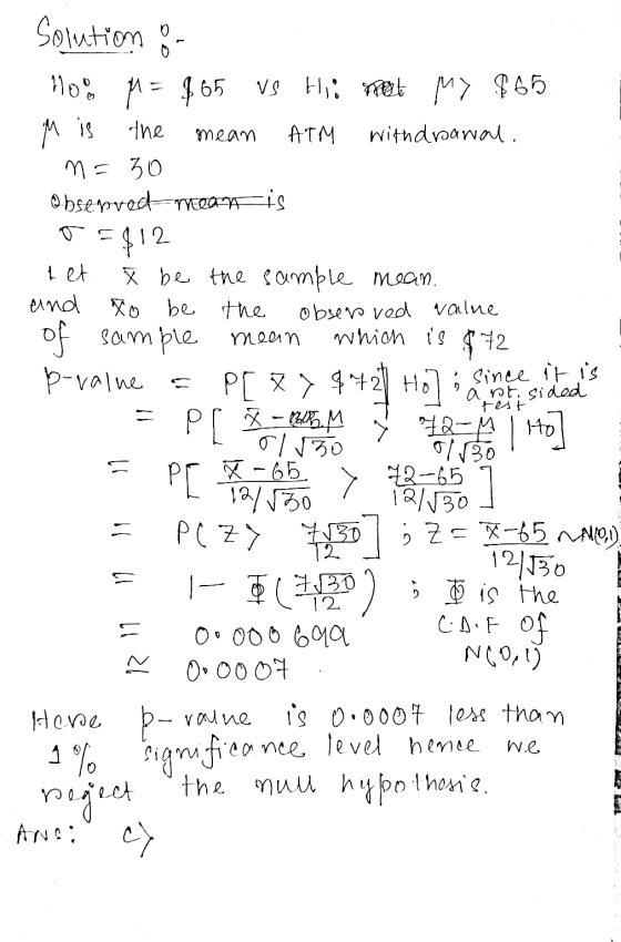 Solution or mean Xo $72 noo M = 165 us Hii not my $65 M is the ATM withdrawal. m=30 Observed-Tea Fis o=$12 1 et * be the samp