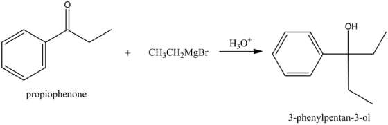 Он
Н,0*
CH3CH2MgBr
propiophenone
3-phenylpentan-3-ol
+