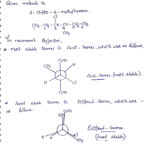 Given mokcule Pos 3- Ch1310 – 4-methylhexane. Çuz - Çuk – ÇH-CH-CH2CH3. CH3 I nemannk Projection, Most stable isomer is Anti