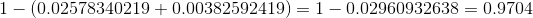 1-(0.02578340219+0.00382592419)=1-0.02960932638=0.9704