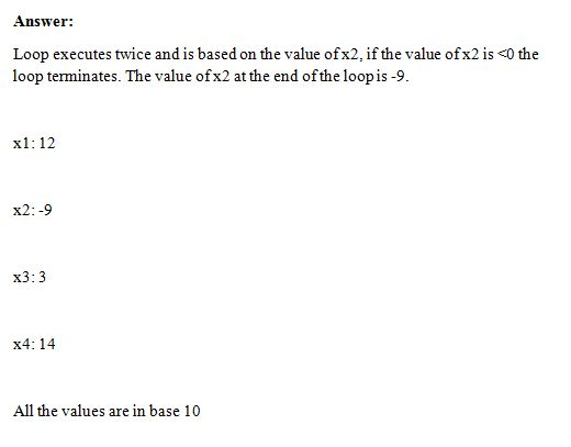 Answer: Loop executes twice and is based on the value ofx2, if the value ofx2 is <0 the loop terminates. The value ofx2 at th