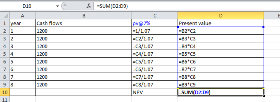 D10 fic =SUM(D2:09) 1 year 2 1 32 Cash flows 1200 1200 1200 1200 1200 1200 1200 1200 pv@7% =1/1.07 =C2/1.07 =C3/1.07 =C4/1.07
