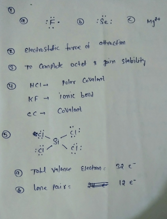 Ë. :se: ② mgåt © electrostatic force of attraction to complete octet & goin stability HOI- polar Covalent KF ionic bona aco C