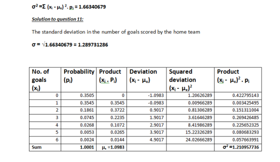 a2-Σ (x-μ.) 2. Pi : 1.66340679 Solution to question 11: The standard deviation in the number of goals scored by the home team