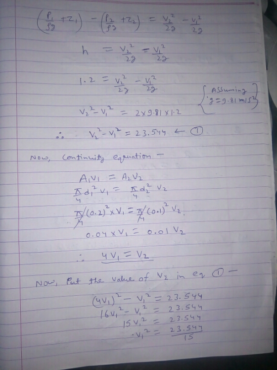 p. +2 2 Sg (P2 89 29 28 +21) +23) h = vz = 2. 1.2 = 4,2 43 29 22 Assuming g=9.81 2-31 153 V₂² - v, 2 - 2x9.81 X 1.2 ² - v, 2