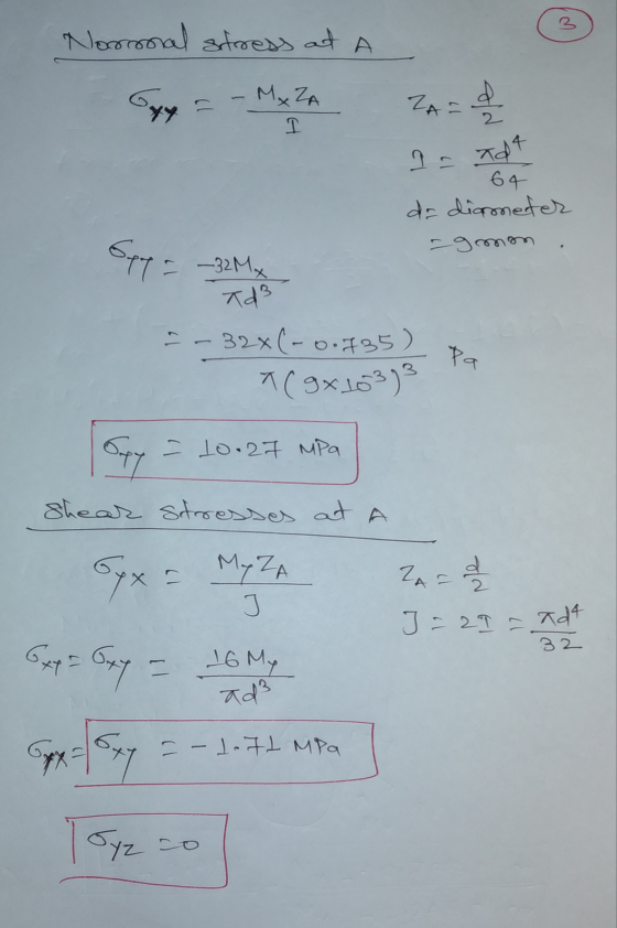 3 Normonal stress at a 54 - Mx ZA ZA = & 2= Tdt 64 do diameter -gmon Spy = ~32My TdB -32% (-0.135) X(9x10373 Pa Syy - 10.27 M