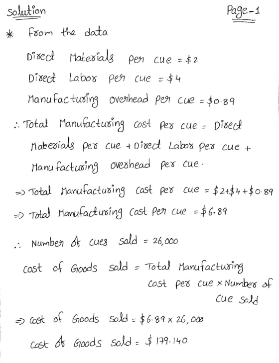 solution Page 1 * from the data Direct Materials per cue = $2 Direct Labor per cue = $4 Manufacturing overhead per cue = $0.8