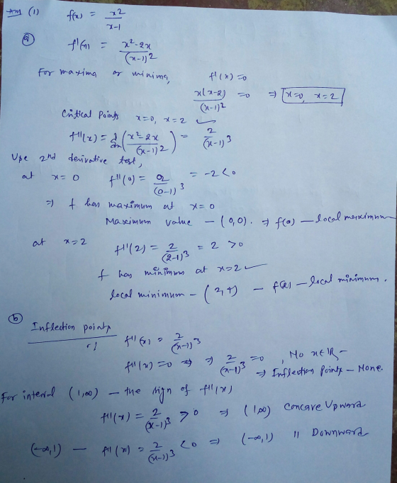 fles - local minimum. AM (1) fres = x2 1-1 ffm = x2-20 minima, Zo ) (N-13 For maxima f(n)o x(x-2) Tuo x=2 (1-12 Critical Poin