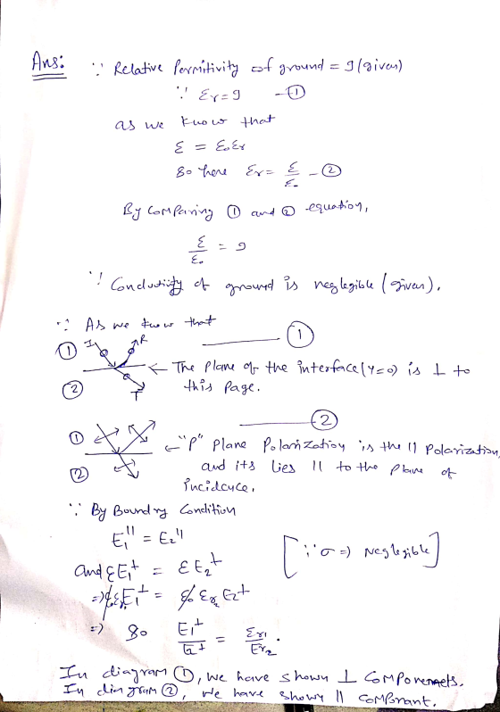 Ans: . Relative permitivity of ground = 9/given) Er=9 o as we know that E Eer So here Ex= E بها إليها 2 E. By comparing 1 and