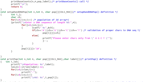 printBaseCounts(n,m, pop, label);/* printBaseCounts() call */ printf(\n); return; void setupRandDNAPop(int n, int n, char p