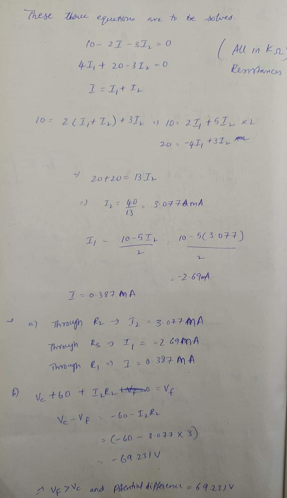 These three equations are to be solved. (o- 27 3 I ( All inke 4 I, + 20-3 I ₂ = 0 Renstances I=It I 10=2LIt I₂) + 3 I = 10 =
