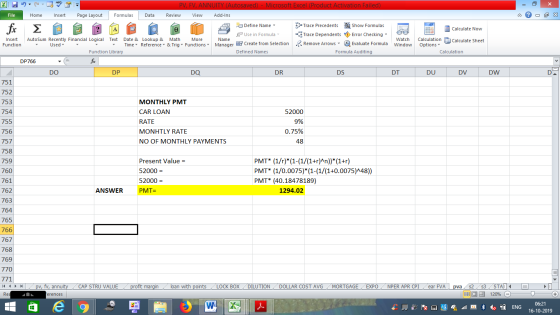 File Home Insert Page Layout Formulas Data - 2x fic D A ? m PV, FV, ANNUITY (Autosaved) - Microsoft Excel (Product Activation