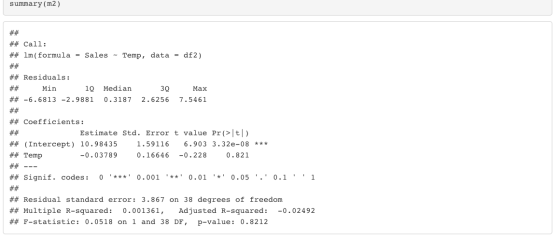 summary (m2) ## Call: ## lm (formula = Sales - Temp, data = df2) ## ## Residuals: ## Min 19 Median 39 Max ## -6.6813 -2.9881