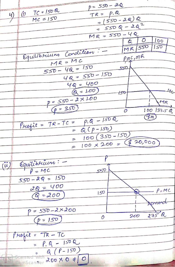b) P- 550 - 2-Q - TC - 150 & MC = 150 TR = P & -1550-20) -550Q - 2Q ² MR - 550-40 TQ10 100 Equilibriuno Condition : MR7550 so