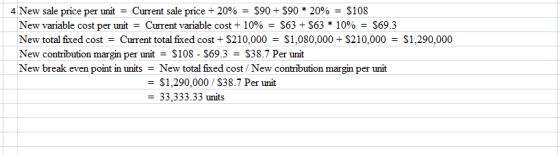 4 New sale price per unit Current sale price+ 20% S90+ S90 * 20%-$108 New variable cost per unit-Current variable costt 10%-$