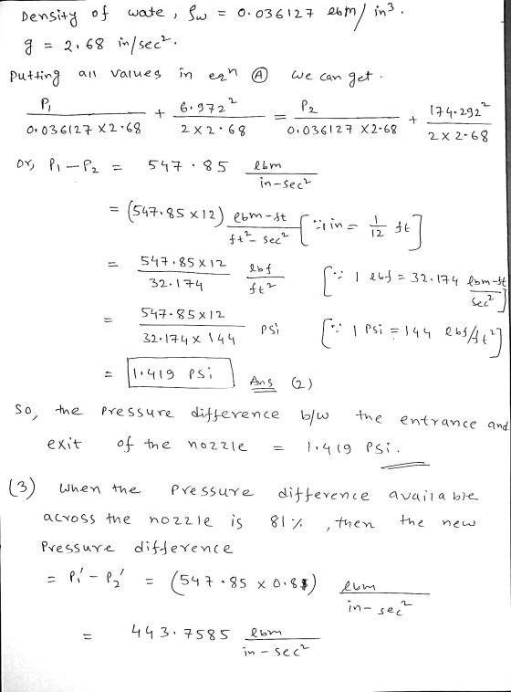 evom) in). on 1 Density of wate Sw 0.036 127 ebm in 3, = 2.68 insec?! Putting an Values in ean (A. 6.972² P2 0.036127 x 2.68