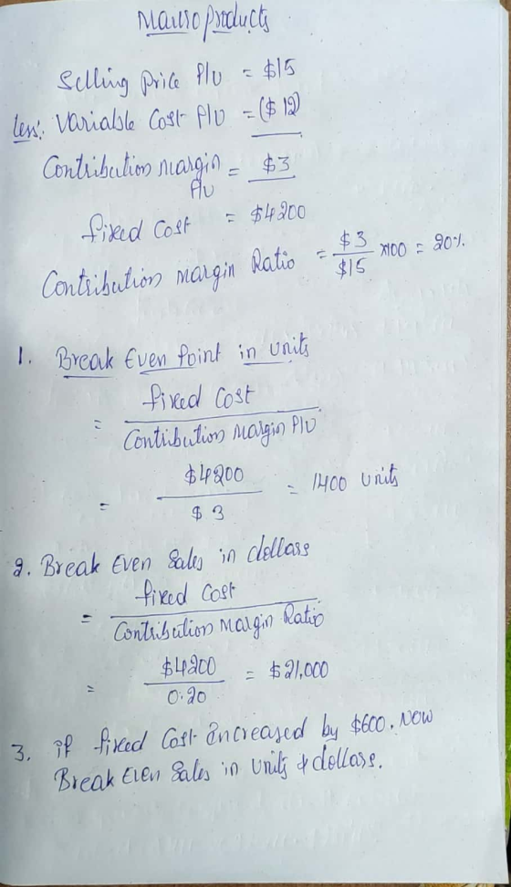 Mailio products Selling Price Plu = $15 less: Variable Cost flu = ($ 12 Contribution neargin $3 $4200 fixed Cost $3 $15 X100