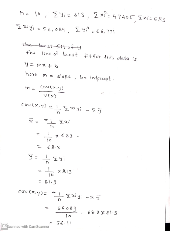 n=10,Eyi=813, Exi²=47405 Exi=683 Exiyi = 56,089 Ey;2 {y;? = 66,731 the best fitoft the line of best fit for this data is y =