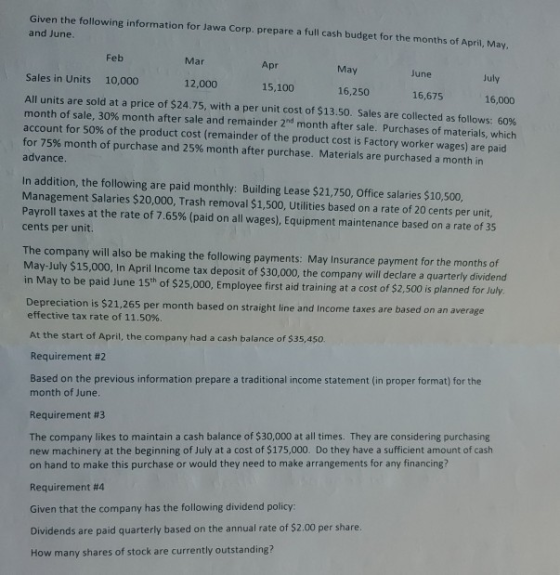 Given the following information for Jawa Corp. prepare a full cash budget for the months of April, May. and June. Feb Mar Apr