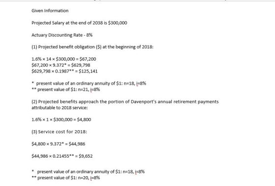 Given Information Projected Salary at the end of 2038 is $300,000 Actuary Discounting Rate - 8% (1) Projected benefit obligat