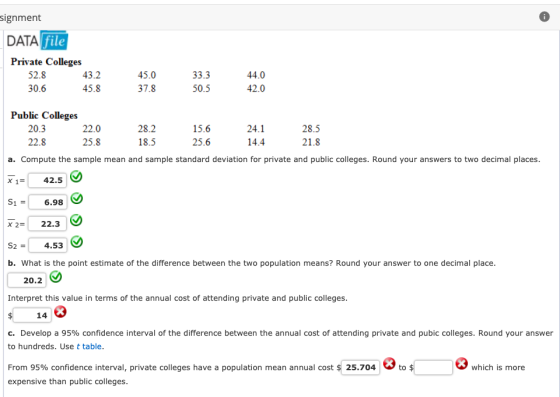 signment DATA file Private Colleges 52.8 43.2 30.6 45.8 33.3 45.0 37.8 44.0 42.0 50.5 Public Colleges 20.3 - 22.0 28.2 15.6 2