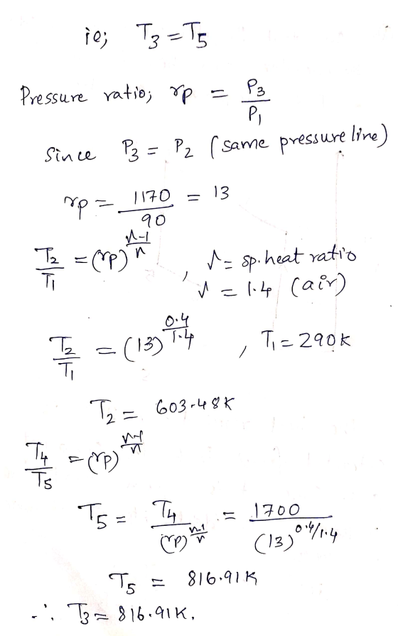ie; Tz =TE Pressure ratio; rp Since Pz = Pz (same pressure line) 1170 = 13 90 = Sp. heat ratio ſ=14 cair) T=290k 8 T2 = 603-