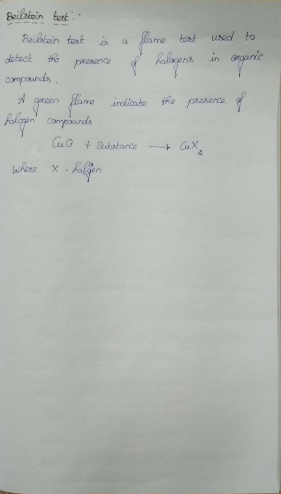 Beilstein best Beilstein test is a flame test used to detect the presence & halogens in organic compounds. A green flame indi
