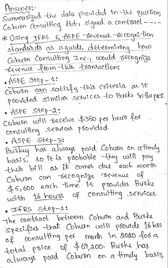 Answer:- Summertized the data provided in the questions Cobuon Consulting Ido, signed a contract mana * Using IFRS & ASPE rev