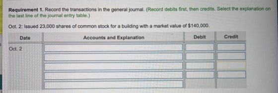 Requirement 1. Record the transactions in the general journal. (Record debits first, then credits. Select the explanation on