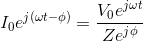 I_0 e^{j(\omega t-\phi)} = \frac{ V_0e^{j\omega t}}{Ze^{j\phi}}
