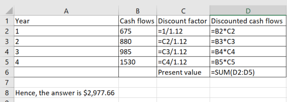 А 1 Year 2 1 3 2 4 3 5 4 в с Cash flows Discount factor Discounted cash flows 675 =1/1.12 =B2*C2 880 =C2/1.12 =B3*C3 985 =C3/
