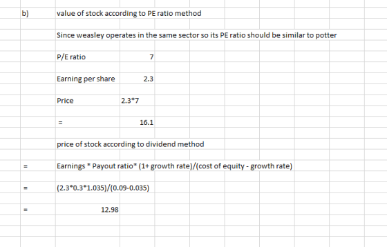 value of stock according to PE ratio method Since weasley operates in the same sector so its PE ratio should be similar to po