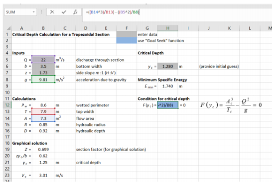 SUM - X V f =(B1443\/B13) - (B5A2)/B8 E A B C D 1 Critical Depth Calculation for a Trapezoidal Section F G H enter data use