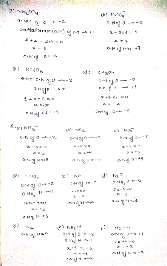 @) NA, SO4 0.NO: 0 +-2. Oveidlation no: 0.N) NO -- +1. b) Мтод O NoJo -2 - 2x4 = -1 x = 7 Oon of Mn=+7 2+x-2x4 =D O NOT 5= +6