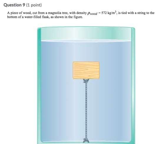 Question 9 (1 point) A piece of wood, cut from a magnolia tree, with density Pwood = 572 kg/m”, is tied with a string to the