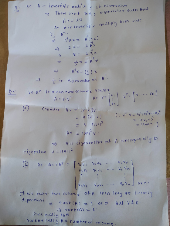 Air ioverhble mcahrix AS 4 i eigenvcalue There cxirt e eigen rector sulh thau Ax=1X Airinverhtle mulhpy both side 61 A AAXACA
