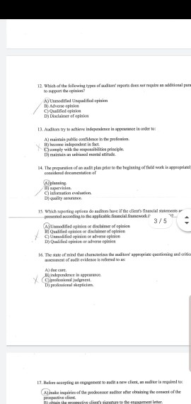 reports o f additional pe 12 Which of the wing types of to support the A) United Ungalificdepisi Que opios 13. Auditors try t