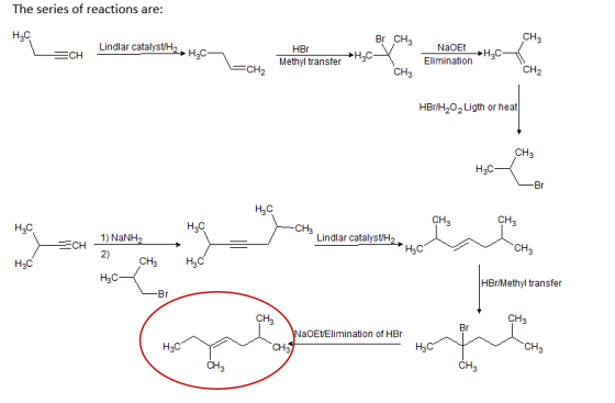 The series of reactions are: Br CH2 Lindlar catalystH2^ ECH H,C Methyl transfer Elimination CH CH HBr/H202Ligth or heat 1) Na