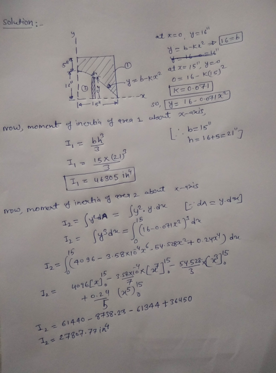 solution: - at x=0 at x= 15, y zo 2. y=16 y = buka2 (16=b) Hostel -y=b-ka2 0= 16- K(15) Jet Lli -15 K=0.071 now, moment of