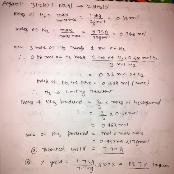 Augwert 3 H219) + N219) mores of M2 = mars mars molar mare 2 HH319) = 1.36g, = 0.68 mo) - 2gmont moter of H2 = man molar manz