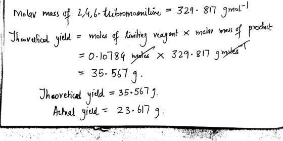 Molav mass of 2,4,6-tribromomiline = 329.817 gmals Theoveliced yield = moles of limiting veagent * molav mass of prochet - =