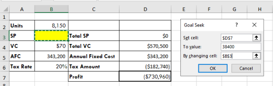 AB E F G H Units Goal Seek SP $0 SD$7 4 VC 5 AFC Tax Rate 8,150 Total SP $70 Total VC 343,200 Annual Fixed Cost 20% Tax Amoun