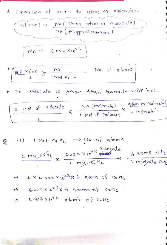 * Conversion of moles to q-lom or Molecule:- cricinole) = No (No. of atom or molecule) NA C Aragdoos Number ) NA =) 6.022 %1