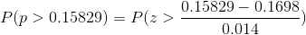 P(p > 0.15829) =P(z > \frac{0.15829-0.1698}{0.014})