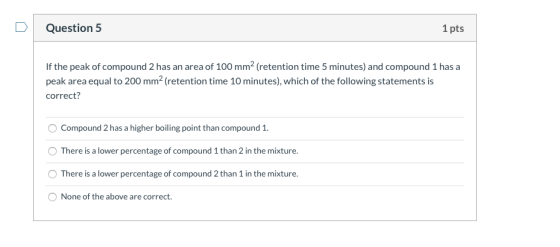 Question 5 1 pts If the peak of compound 2 has an area of 100 mm2 (retention time 5 minutes) and compound 1 has a peak area e