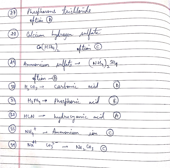 (27) Phosphorous tsichloride (28) Calcium hydrogen sulfate Ca(HSO4), option © () | Ammonium sulfate - (Ntin), so - option - (